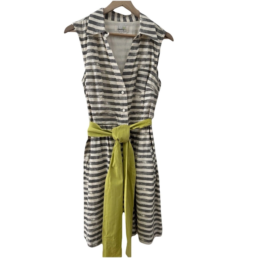Porridge Shirt Dress‎ 10 Grey Striped Sleeveless Cotton Pockets Green Tie Waist